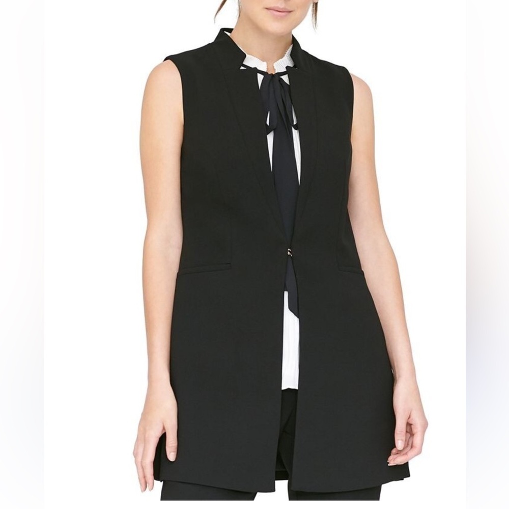 DKNY Sz 10 Sleeveless Lapel Collarless Black Open-Front Vest • NEW!